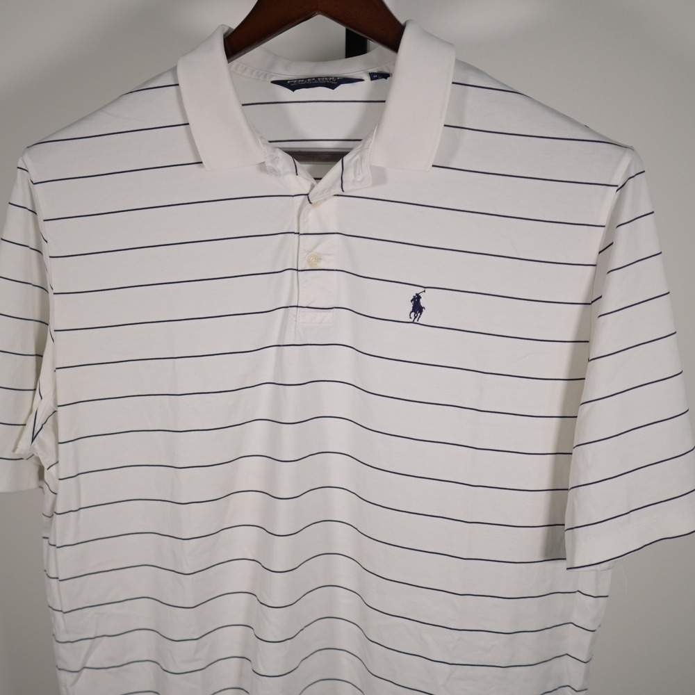Polo Golf Ralph Lauren Mens XL Pima Cotton Striped Polo Shirt White Navy Blue